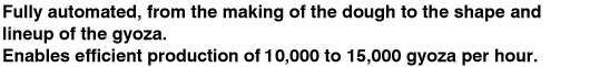  Fully automated, from the making of the dough to the shape and lineup of the gyoza. Enables efficient production of 10,000 to 15,000 gyoza per hour.